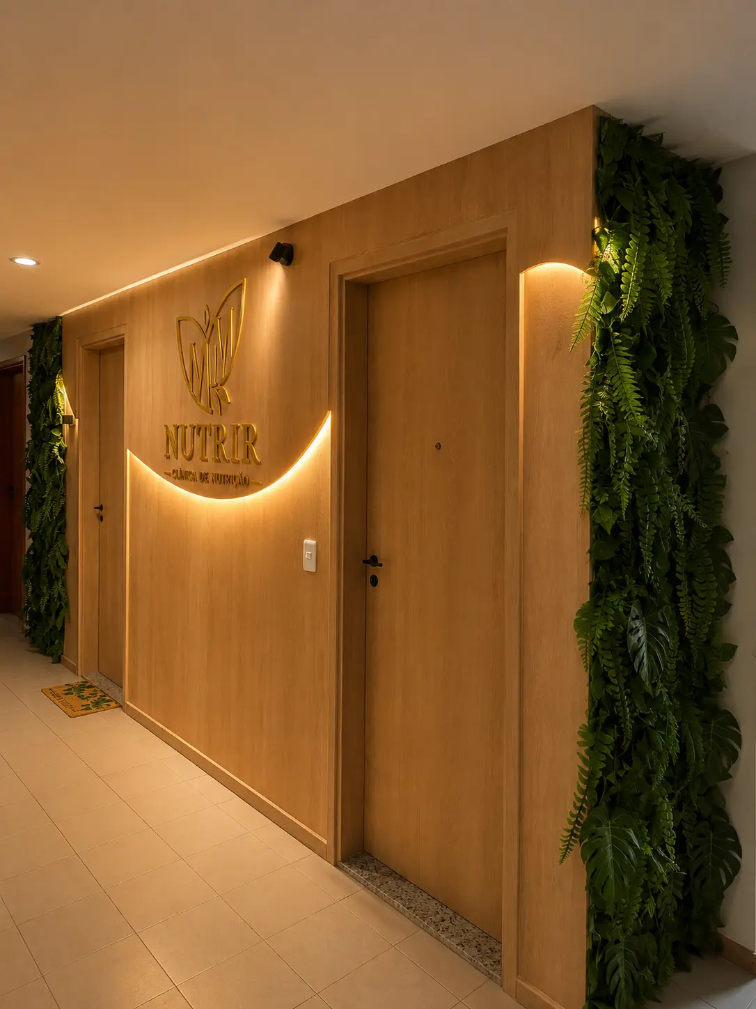 Entrada da MM Nutrir com logotipo dourado iluminado